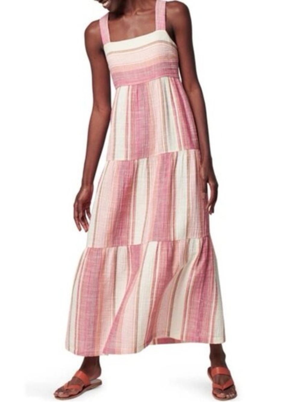Faherty Sarah Tiered Maxi Dress Pink Cream Stripe Smocked Cotton Size XS